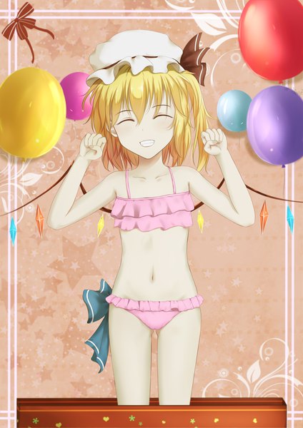 Anime picture 2480x3507 with touhou flandre scarlet flan (seeyouflan) single tall image fringe highres short hair light erotic blonde hair smile standing eyes closed grin flat chest pale skin girl swimsuit hat bikini