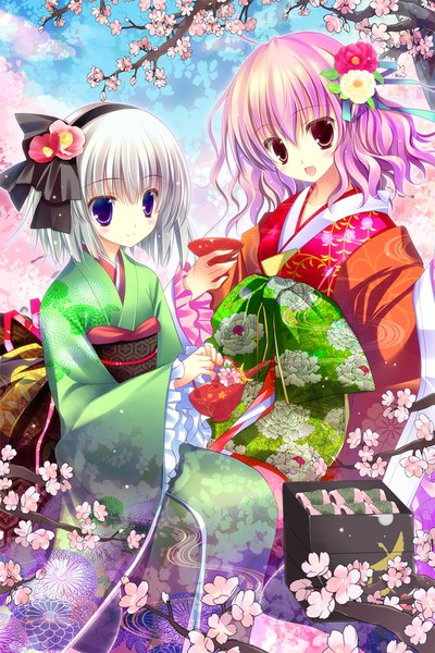 Anime picture 700x1050 with touhou konpaku youmu saigyouji yuyuko shirogane hina tall image blush short hair open mouth blue eyes purple eyes multiple girls purple hair white hair traditional clothes japanese clothes hair flower cherry blossoms girl hair ornament flower (flowers)
