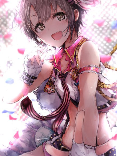 Anime picture 1200x1600 with idolmaster idolmaster cinderella girls otokura yuuki redeye (artist) single tall image looking at viewer short hair open mouth brown hair brown eyes midriff sleeveless starting days girl gloves necktie white gloves fingerless gloves idol