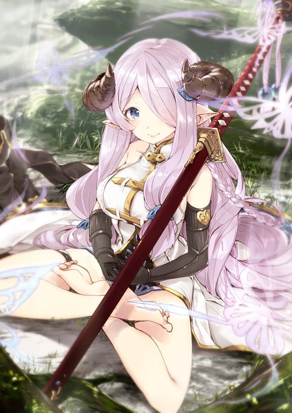 Anime picture 723x1023 with granblue fantasy narmaya (granblue fantasy) 218 single tall image looking at viewer blush fringe blue eyes sitting bare shoulders pink hair braid (braids) very long hair barefoot horn (horns) light smile from above hair over one eye bare legs