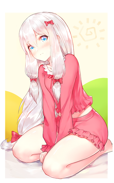 Anime picture 1000x1600 with eromanga sensei a-1 pictures izumi sagiri horz single long hair tall image looking at viewer blush blue eyes bent knee (knees) head tilt barefoot bare legs between legs seiza girl bow hair bow frills