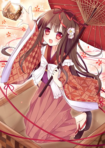 Anime picture 2500x3500 with original hoshi (snacherubi) single long hair tall image looking at viewer blush highres open mouth red eyes brown hair traditional clothes hair flower girl hair ornament flower (flowers) umbrella