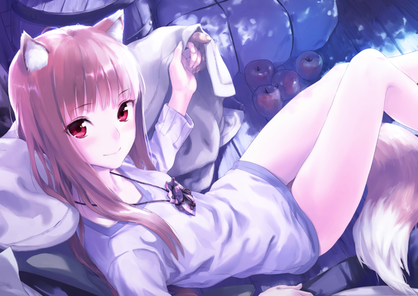 Anime picture 1500x1065 with spice and wolf horo kawakami rokkaku single long hair looking at viewer blush fringe red eyes brown hair animal ears bent knee (knees) outdoors tail animal tail looking back from above light smile from behind night