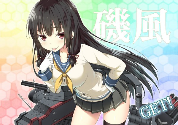 Anime picture 1200x847 with kantai collection isokaze destroyer sky-freedom single long hair looking at viewer blush black hair purple eyes pleated skirt inscription leaning leaning forward character names hand on hip tress ribbon finger licking girl thighhighs skirt