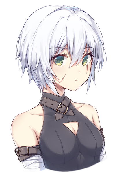 Anime-Bild 700x1002 mit fate (series) fate/apocrypha jack the ripper (fate/apocrypha) babouo single tall image looking at viewer fringe short hair simple background hair between eyes white background bare shoulders green eyes white hair portrait scar girl belt