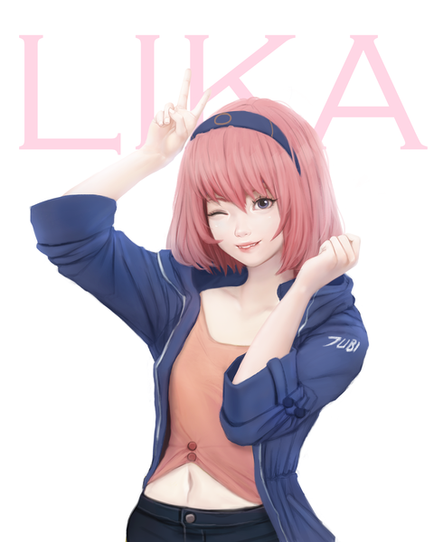 Anime picture 2400x3000 with original lika (jubi) jubi (regiana) single tall image looking at viewer fringe highres short hair simple background smile hair between eyes white background purple eyes signed pink hair head tilt one eye closed realistic arms up