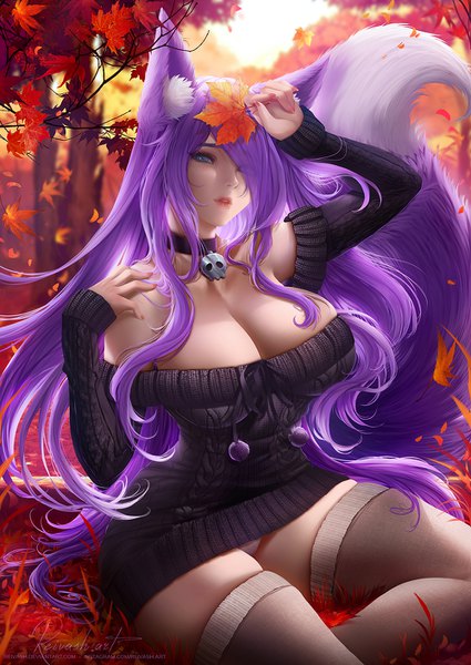Anime picture 1000x1410 with original javier estrada single long hair tall image looking at viewer fringe breasts blue eyes light erotic large breasts sitting bare shoulders holding signed animal ears payot purple hair outdoors tail