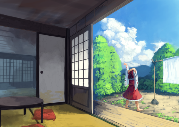 Anime picture 1637x1158 with touhou hakurei reimu berabou single brown hair sky cloud (clouds) from behind wide sleeves arms up stretch girl dress skirt plant (plants) tree (trees) pillow table skirt set red dress