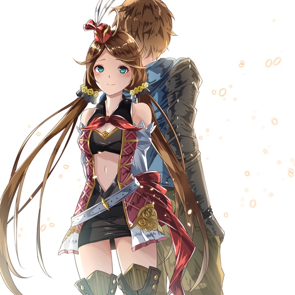 Anime picture 1178x1178 with granblue fantasy gran (granblue fantasy) harie (granblue fantasy) hidaka kouyou blush short hair breasts simple background smile brown hair standing white background twintails bare shoulders ahoge very long hair aqua eyes bare belly low twintails looking up