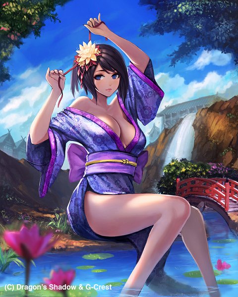 Anime picture 800x1000 with dragon's shadow chaosringen single tall image looking at viewer short hair breasts blue eyes light erotic black hair large breasts bare shoulders sky cleavage cloud (clouds) traditional clothes japanese clothes hair flower lips realistic