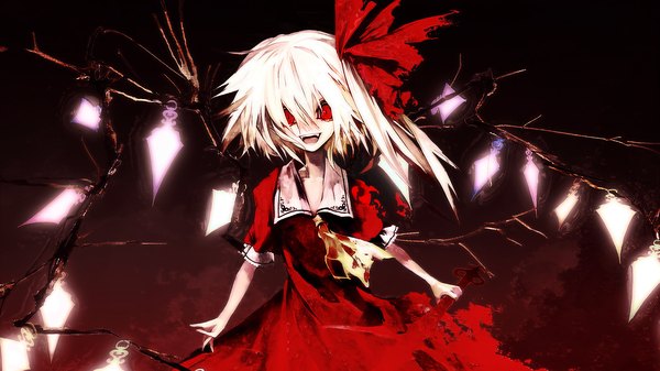 Anime picture 1920x1080 with touhou flandre scarlet banpai akira looking at viewer highres short hair open mouth blonde hair smile red eyes wide image teeth fang (fangs) dark background vampire girl dress bow weapon sword