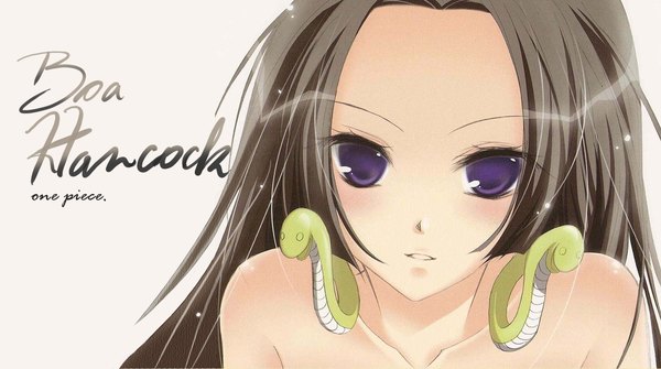 Anime picture 1476x826 with one piece toei animation boa hancock single long hair looking at viewer blush black hair wide image purple eyes inscription girl earrings