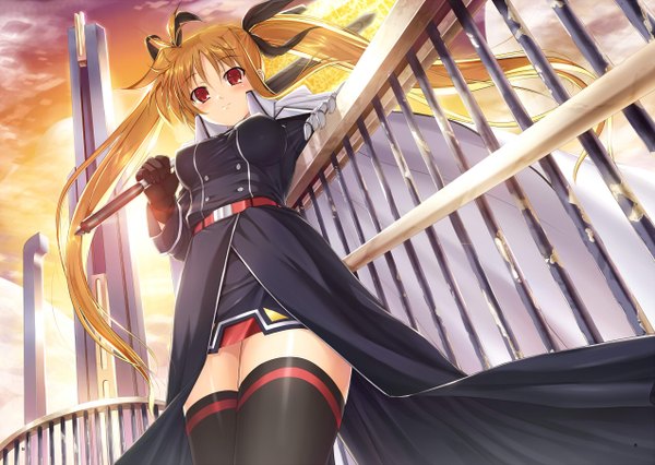 Anime picture 1274x906 with mahou shoujo lyrical nanoha mahou shoujo lyrical nanoha strikers fate testarossa mikuni mizuki single long hair blonde hair red eyes twintails sky cloud (clouds) girl thighhighs black thighhighs building (buildings)