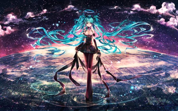 Anime picture 1500x937 with vocaloid hatsune miku shigaraki (strobe blue) single long hair red eyes wide image twintails sky cloud (clouds) aqua hair night night sky scenic girl dress ribbon (ribbons) halo