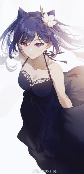 Anime picture 3575x7335 with genshin impact keqing (genshin impact) swkl:d single long hair tall image looking at viewer blush fringe highres breasts simple background smile standing white background purple eyes twintails bare shoulders signed payot