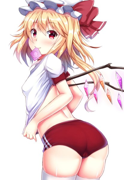 Anime picture 691x1000 with touhou flandre scarlet ebi 193 single long hair tall image looking at viewer blush fringe breasts light erotic blonde hair smile red eyes ass looking back from behind condom in mouth girl thighhighs