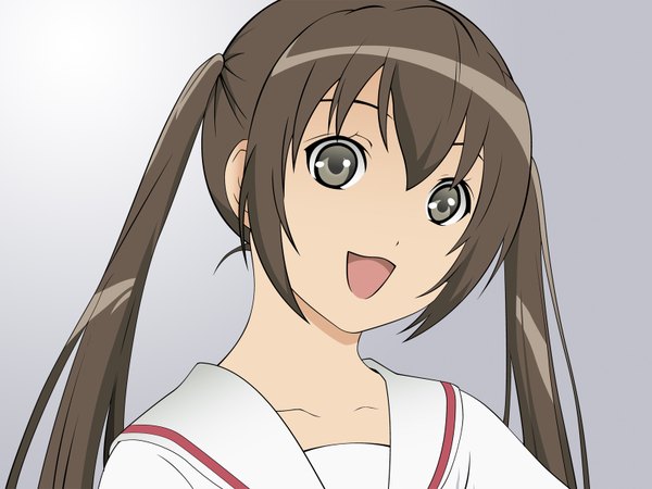 Anime picture 1600x1200 with minami-ke minami kana single looking at viewer open mouth brown hair twintails brown eyes payot :d gradient background vector girl
