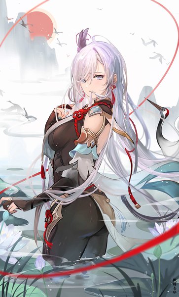 Anime picture 1817x3000 with genshin impact shenhe (genshin impact) issign single long hair tall image looking at viewer fringe highres blue eyes light erotic silver hair ass hair over one eye partially submerged turning head hair in mouth girl hair ornament detached sleeves