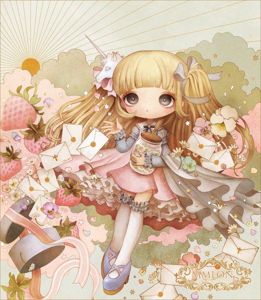 Anime picture 1000x1148 with original london222 single long hair tall image blush fringe open mouth blonde hair black eyes girl thighhighs dress flower (flowers) ribbon (ribbons) hair ribbon petals white thighhighs food berry (berries)