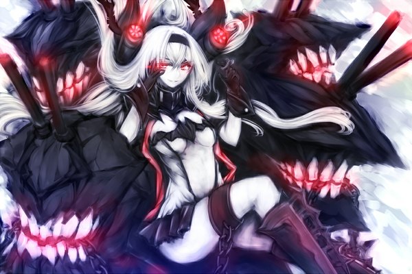 Anime picture 1125x750 with kantai collection air defense hime acryl single looking at viewer fringe breasts light erotic smile red eyes sitting white hair very long hair head tilt pleated skirt glowing eyebrows glowing eye (eyes) white skin girl