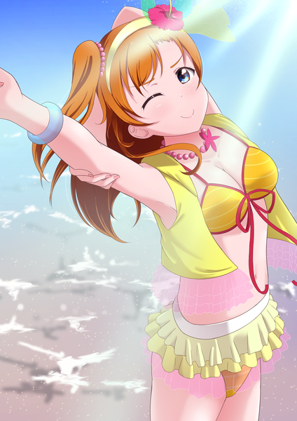 Anime picture 2894x4093 with love live! school idol project sunrise (studio) love live! kousaka honoka blanc kurimoto single long hair tall image looking at viewer blush fringe highres breasts blue eyes light erotic smile standing payot sky outdoors