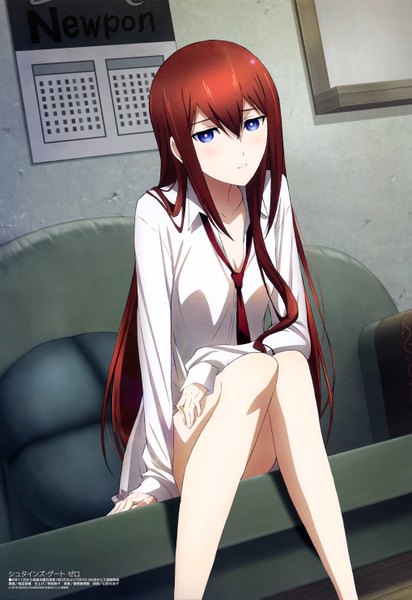 Anime picture 4070x5922 with steins;gate white fox megami magazine makise kurisu inayoshi tomoshige single long hair tall image looking at viewer fringe highres light erotic hair between eyes brown hair sitting absurdres official art bare legs open collar girl
