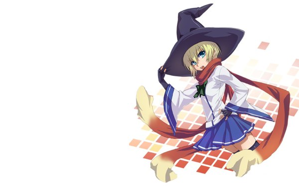 Anime picture 1920x1200 with ichiban ushiro no dai maou lily shiraishi single highres short hair open mouth blue eyes blonde hair simple background wide image white background girl skirt scarf fingerless gloves witch hat