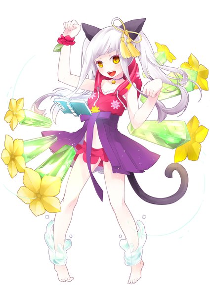 Anime picture 1254x1771 with original ahira yuzu long hair tall image blush open mouth white background twintails animal ears yellow eyes white hair tail animal tail cat ears cat girl cat tail girl dress flower (flowers)