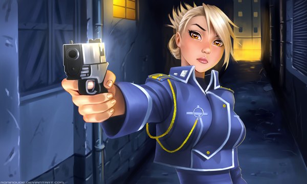 Anime-Bild 5000x3000 mit fullmetal alchemist studio bones riza hawkeye ronin dude (ray cornwell) single highres short hair blonde hair wide image standing absurdres fingernails lips orange eyes outstretched arm eyebrows alley girl weapon gun