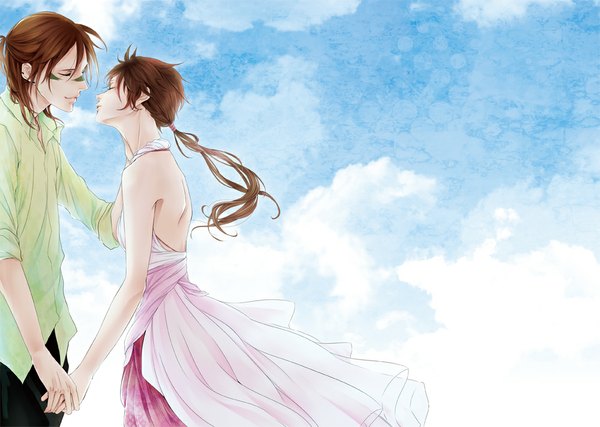 Anime picture 1000x713 with sengoku basara production i.g sanada yukimura sarutobi sasuke niichi long hair short hair brown hair bare shoulders sky cloud (clouds) ponytail eyes closed couple holding hands face paint genderswap almost kiss girl dress