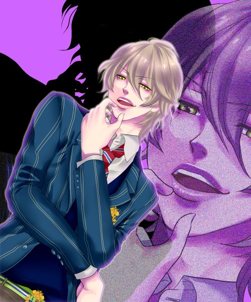 Anime picture 1000x1200 with uta no prince-sama a-1 pictures shinomiya satsuki ueki (pixiv556119) single tall image looking at viewer short hair open mouth blonde hair green eyes finger to mouth striped zoom layer purple background silhouette boy uniform school uniform shirt