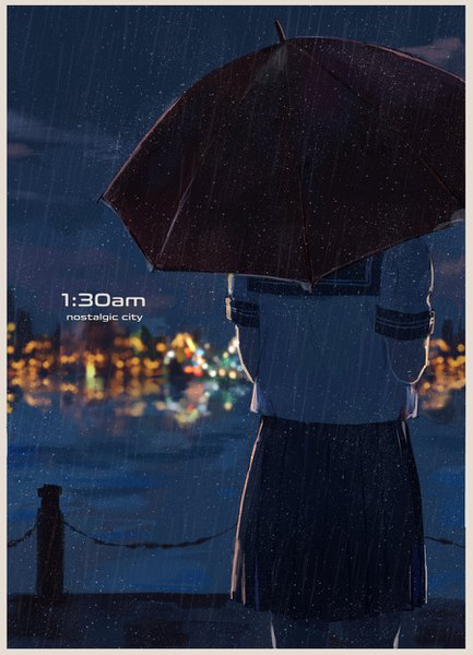 Anime picture 900x1246 with original tamomoko single tall image standing outdoors from behind night short sleeves rain city lights river girl skirt uniform serafuku umbrella