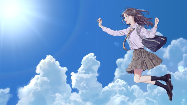 イラスト 2902x1632 と オリジナル あいこ ソロ 長髪 赤面 highres 開いた口 笑顔 茶色の髪 wide image looking away 空 cloud (clouds) 全身 bent knee (knees) long sleeves プロフィール aqua eyes 風 plaid skirt