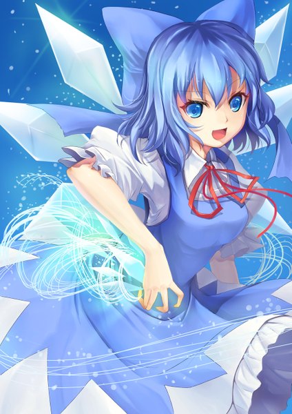 Anime picture 945x1336 with touhou cirno sola (sola04) single tall image looking at viewer short hair open mouth blue eyes blue hair magic girl dress bow hair bow wings