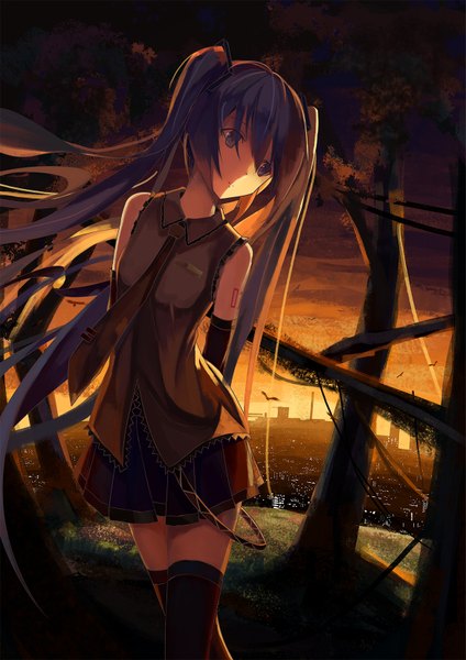 Anime picture 1169x1654 with vocaloid hatsune miku tianya beiming single long hair tall image twintails blue hair evening sunset girl thighhighs skirt black thighhighs plant (plants) detached sleeves tree (trees) necktie