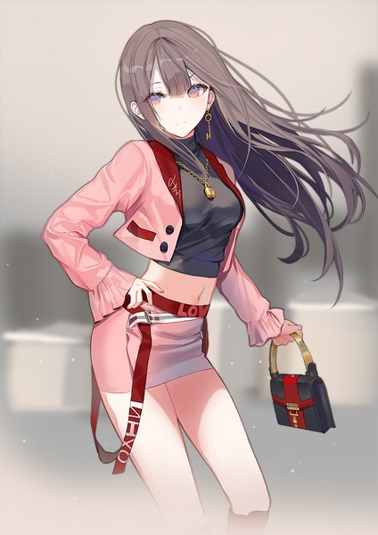 Anime picture 827x1169 with original lloule single long hair tall image blush fringe breasts hair between eyes brown hair standing holding brown eyes payot looking away long sleeves open jacket bare legs midriff hand on hip