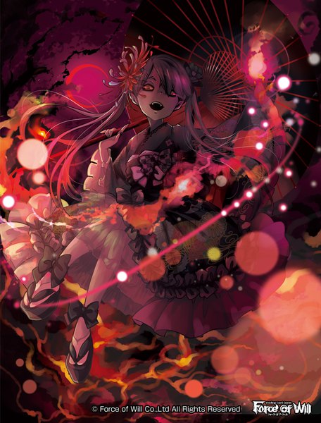 Anime picture 761x1000 with force of will nanahara single long hair tall image looking at viewer fringe red eyes twintails pink hair full body bent knee (knees) traditional clothes japanese clothes hair over one eye copyright name crescent red moon girl moon