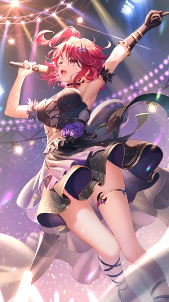Anime-Bild 1238x2208 mit original yue xiao e single tall image fringe short hair breasts open mouth light erotic smile hair between eyes red eyes large breasts standing holding looking away red hair :d arms up from below