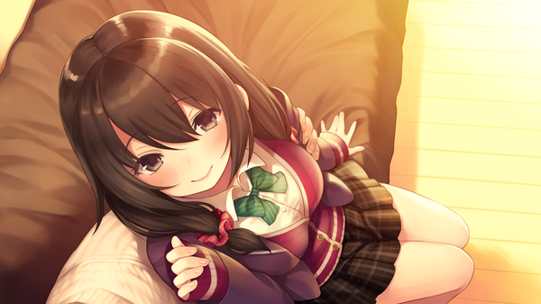 Anime-Bild 3840x2160 mit original pokachu long hair looking at viewer blush fringe highres breasts black hair smile hair between eyes wide image sitting twintails brown eyes absurdres pleated skirt from above low twintails sleeves past wrists