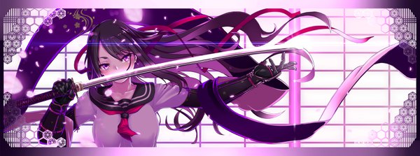 Anime picture 3186x1186 with original haiiro gundan single long hair looking at viewer fringe highres breasts black hair wide image purple eyes twintails holding upper body floating hair outstretched arm floral print eyebrows framed girl