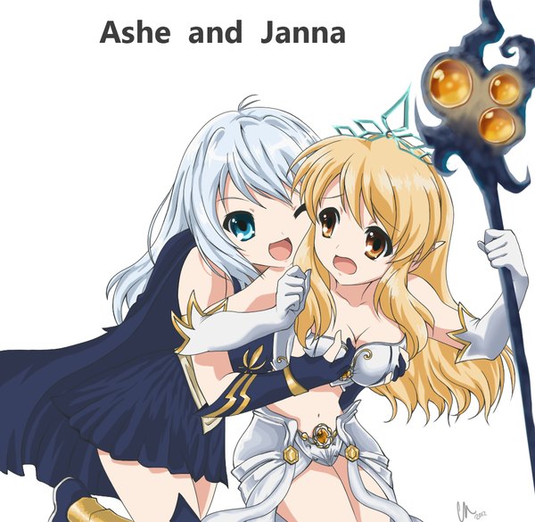 Anime picture 1024x1000 with league of legends ashe (league of legends) janna windforce happy2live long hair breasts open mouth blue eyes light erotic blonde hair large breasts white background multiple girls brown eyes silver hair one eye closed wink midriff shoujo ai girl