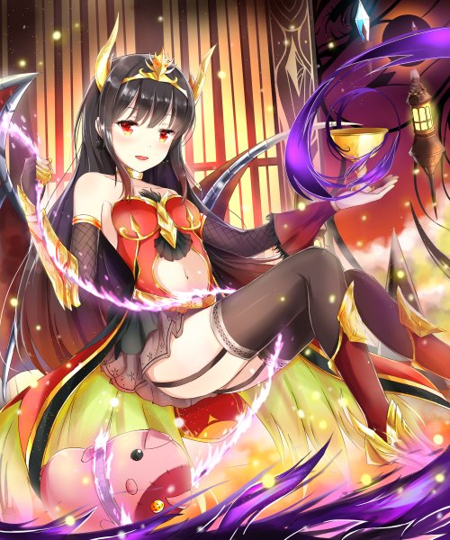 Anime picture 1000x1200 with original konka single long hair tall image looking at viewer blush fringe open mouth light erotic black hair red eyes sitting bare shoulders bent knee (knees) horn (horns) magic demon wings weightlessness girl