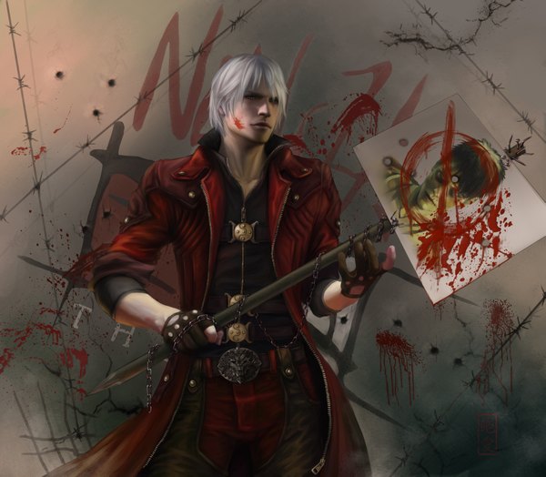 Anime picture 3461x3027 with devil may cry dante (devil may cry) zetsuai89 single highres short hair black hair green eyes absurdres white hair lips realistic inscription hieroglyph twisty sleeves boy gloves belt blood chain