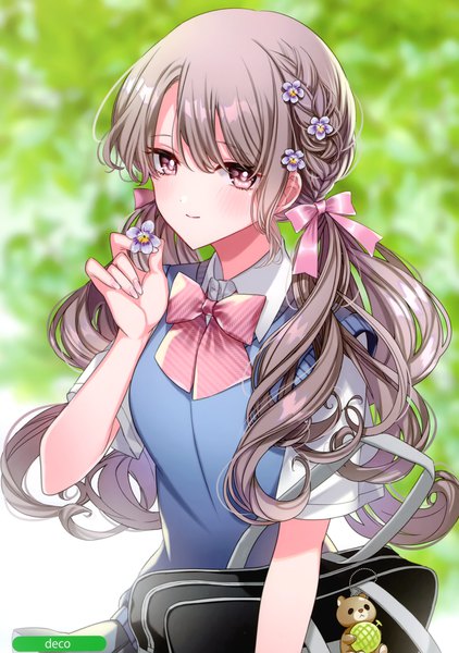 Anime picture 2083x2958 with original melonbooks deco (geigeki honey) single long hair tall image looking at viewer blush fringe highres smile hair between eyes brown hair standing twintails holding signed payot upper body outdoors