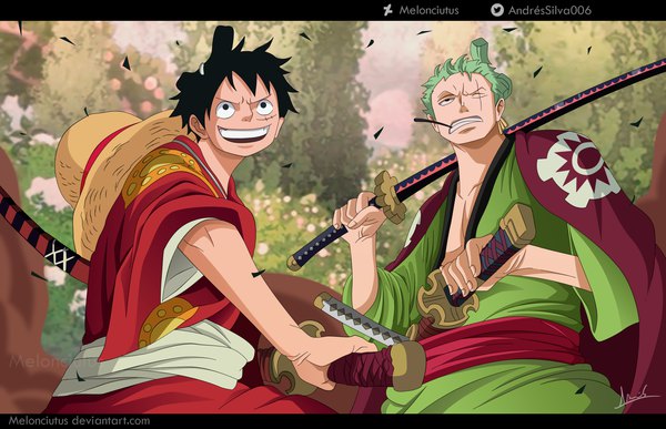 Anime picture 2100x1357 with one piece toei animation monkey d. luffy roronoa zoro melonciutus fringe highres short hair open mouth black hair smile standing holding signed looking away upper body outdoors traditional clothes japanese clothes one eye closed
