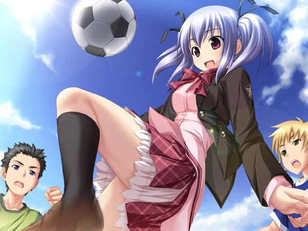 Anime picture 1024x768 with mirai nostalgia purple software kudou nono koku short hair open mouth blue hair game cg pink eyes football girl boy serafuku