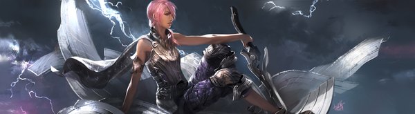 Anime picture 2000x550 with final fantasy final fantasy xiii lightning returns: final fantasy xiii square enix lightning farron diegoocunha single long hair open mouth wide image sitting bare shoulders looking away pink hair profile pink eyes lightning girl weapon sword