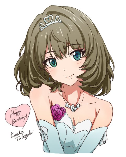 Anime picture 787x977 with idolmaster idolmaster cinderella girls takagaki kaede ayano yuu (sonma 1426) single tall image looking at viewer short hair simple background smile brown hair white background bare shoulders head tilt aqua eyes character names portrait happy birthday girl dress