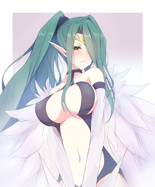 Anime picture 1500x1802 with yu-gi-oh! harpie queen korican single long hair tall image looking at viewer blush fringe breasts light erotic simple background large breasts bare shoulders brown eyes ponytail green hair pointy ears hair over one eye gradient background