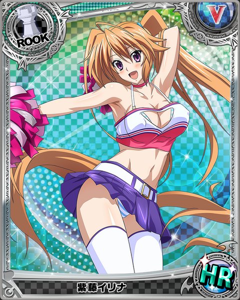 Anime picture 640x800 with highschool dxd shidou irina tall image blush breasts open mouth light erotic brown hair purple eyes twintails very long hair midriff pantyshot card (medium) cheerleader girl thighhighs skirt navel underwear